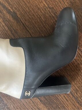 CHANEL Two-Tone Black and Cream Leather Block Heel Boots
